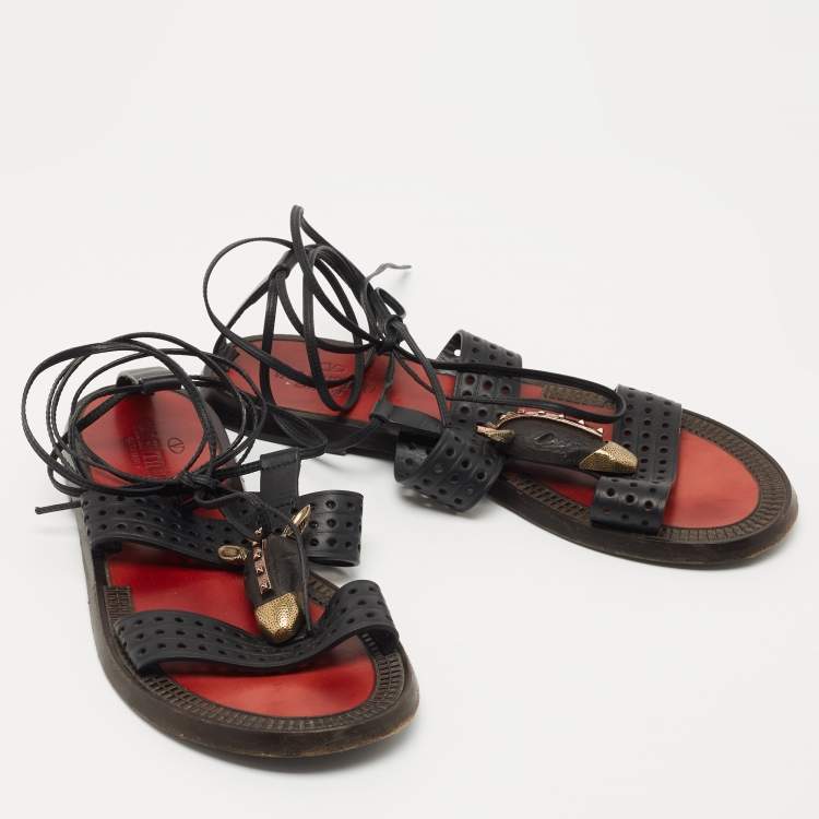 Pre Owned Valentino Black Perforated Leather Ankle Tie Sandals Size 38