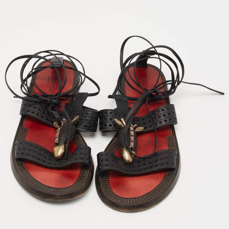 Pre Owned Valentino Black Perforated Leather Ankle Tie Sandals Size 38