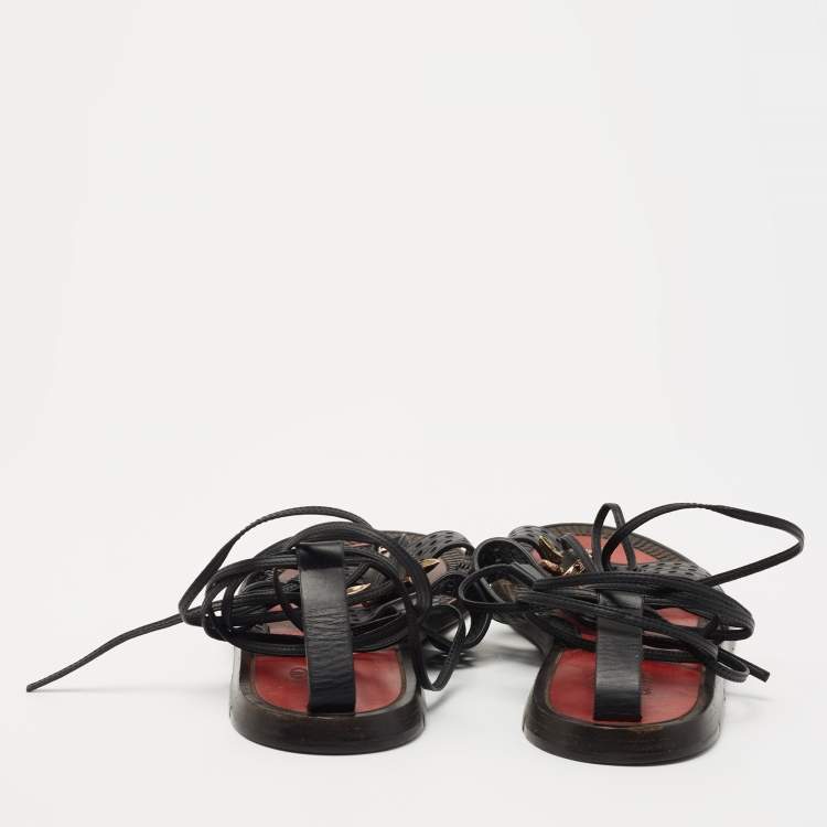 Pre Owned Valentino Black Perforated Leather Ankle Tie Sandals Size 38