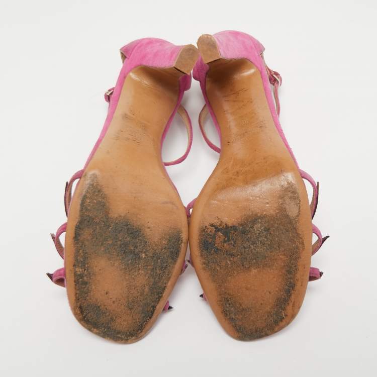 Pre Owned Valentino Pink Suede and Patent Leather Love Blade T-Strap Sandals Size 38