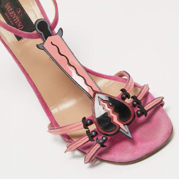 Pre Owned Valentino Pink Suede and Patent Leather Love Blade T-Strap Sandals Size 38