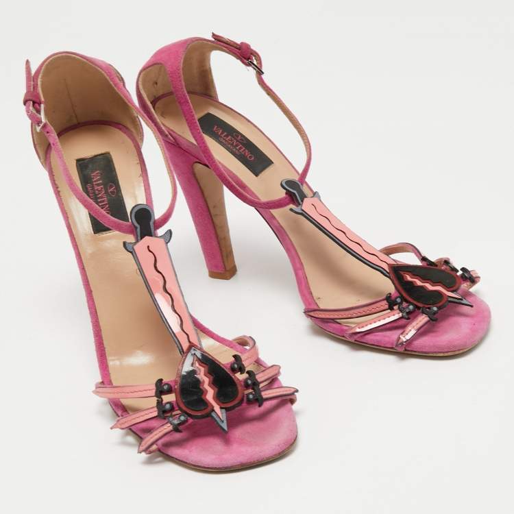 Pre Owned Valentino Pink Suede and Patent Leather Love Blade T-Strap Sandals Size 38