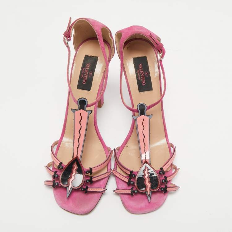 Pre Owned Valentino Pink Suede and Patent Leather Love Blade T-Strap Sandals Size 38