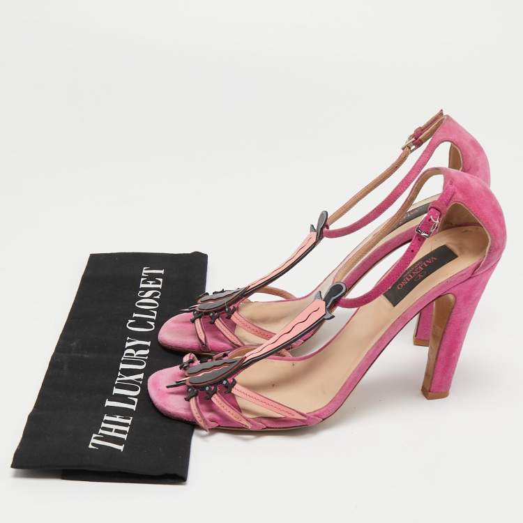 Pre Owned Valentino Pink Suede and Patent Leather Love Blade T-Strap Sandals Size 38