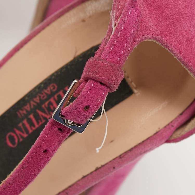 Pre Owned Valentino Pink Suede and Patent Leather Love Blade T-Strap Sandals Size 38
