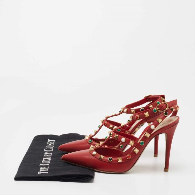 Pre Owned Valentino Red Leather Rolling Rockstud Ankle Strap Pumps Size 36