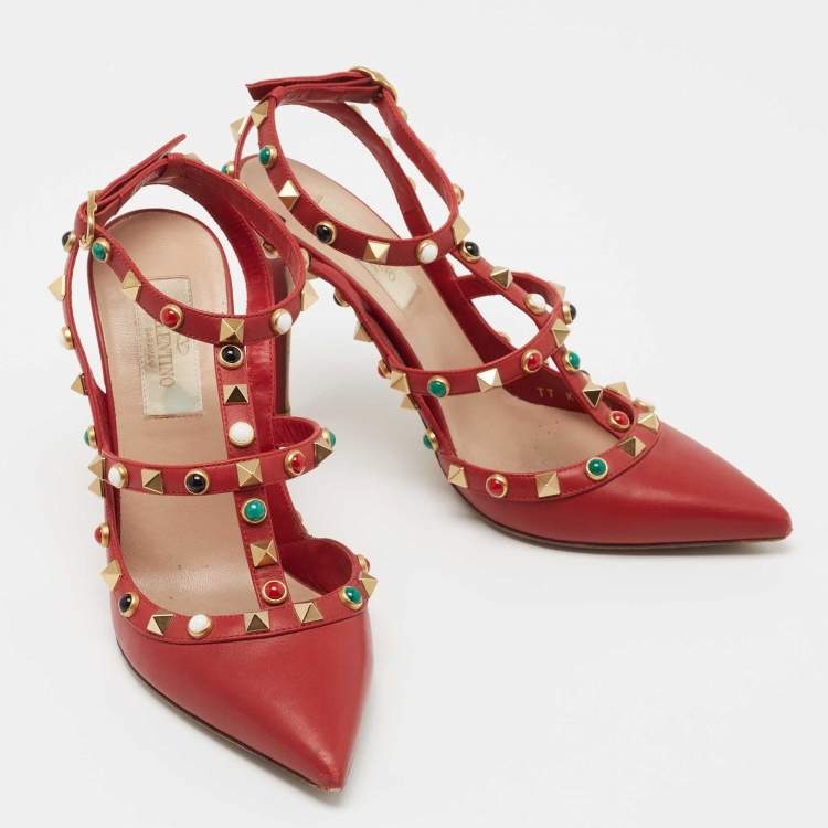 Pre Owned Valentino Red Leather Rolling Rockstud Ankle Strap Pumps Size 36