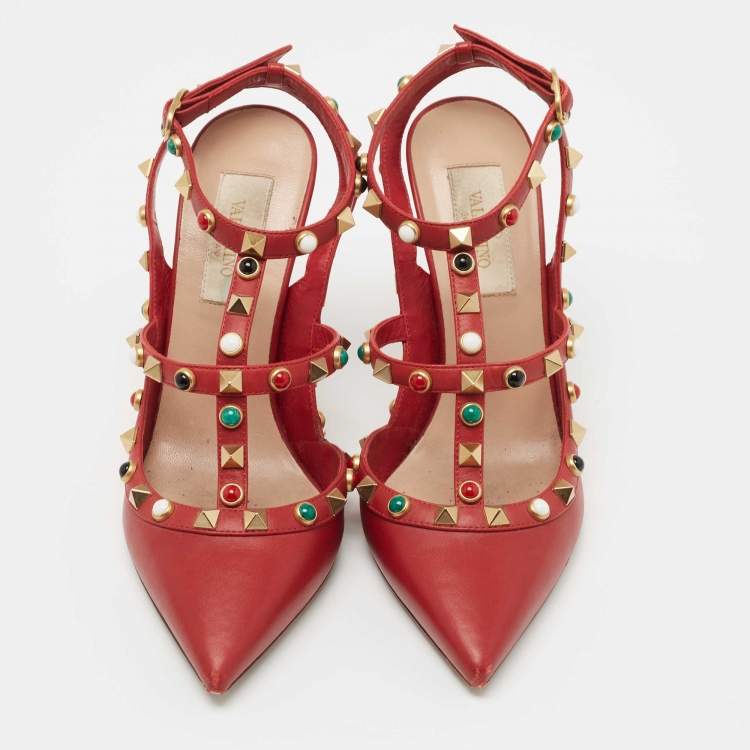 Pre Owned Valentino Red Leather Rolling Rockstud Ankle Strap Pumps Size 36