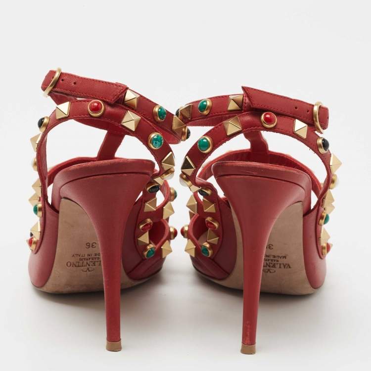 Pre Owned Valentino Red Leather Rolling Rockstud Ankle Strap Pumps Size 36