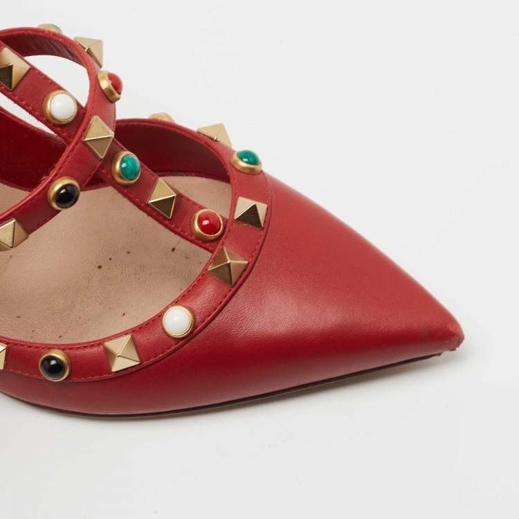 Pre Owned Valentino Red Leather Rolling Rockstud Ankle Strap Pumps Size 36