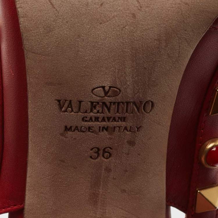 Pre Owned Valentino Red Leather Rolling Rockstud Ankle Strap Pumps Size 36