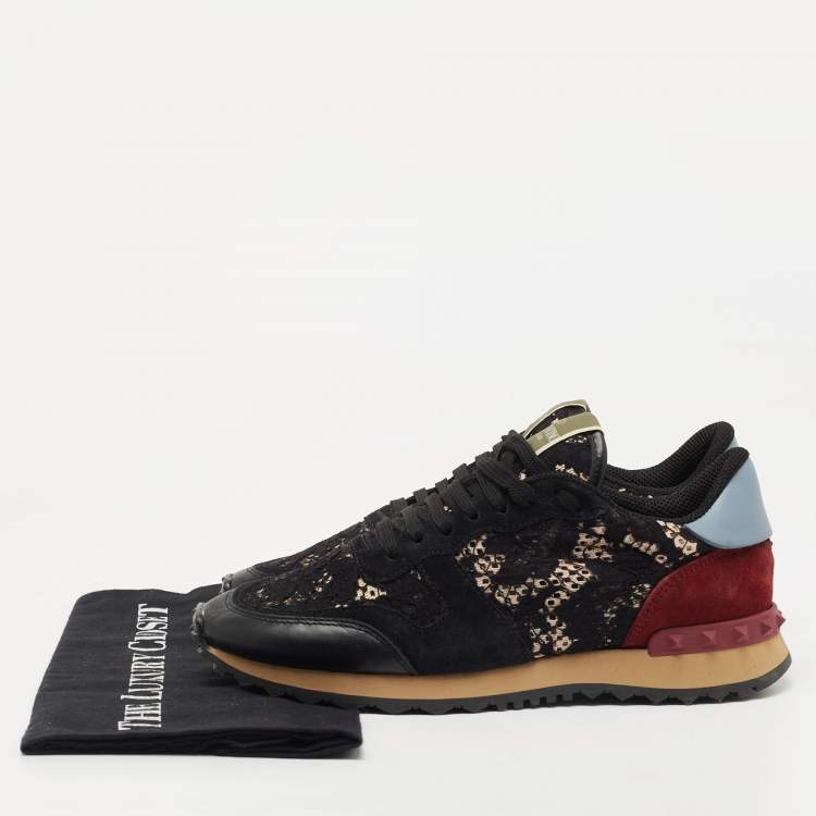 Pre Owned Valentino Tricolor Lace and Leather Rockrunner Sneakers Size 38