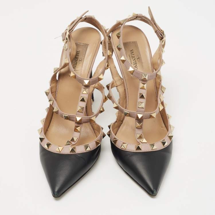 Pre Owned Valentino Black Leather Rockstud Ankle Strap Pumps Size 38.5
