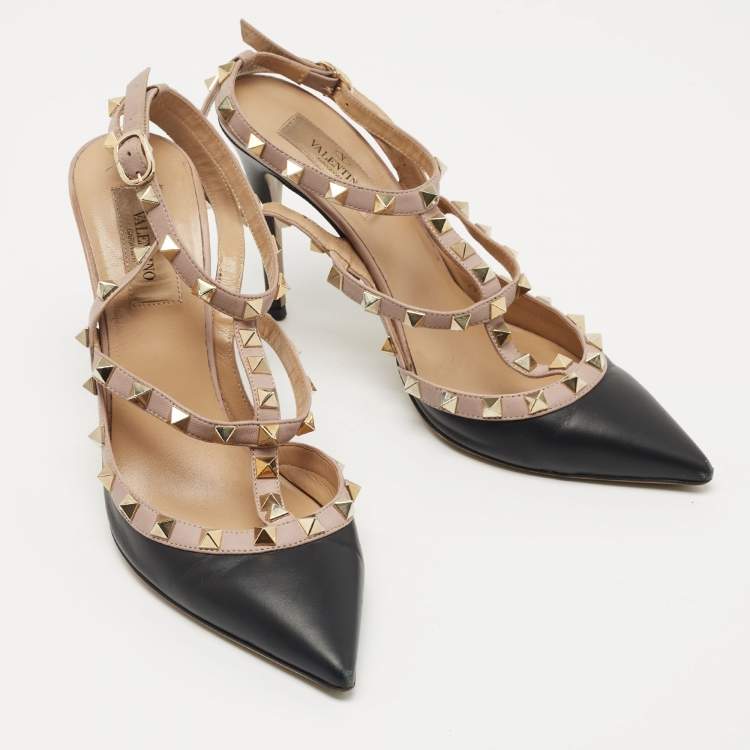 Pre Owned Valentino Black Leather Rockstud Ankle Strap Pumps Size 38.5