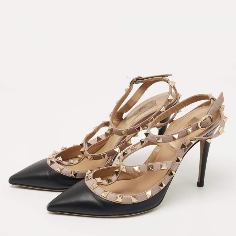 Pre Owned Valentino Black Leather Rockstud Ankle Strap Pumps Size 38.5