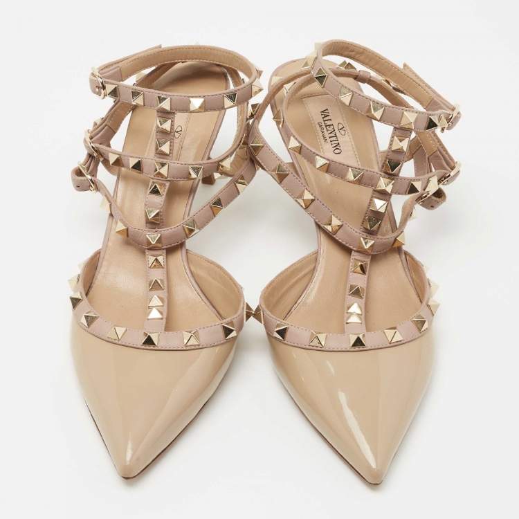 Pre Owned Valentino Beige Patent Leather Rockstud Ankle Strap Pumps Size 39.5