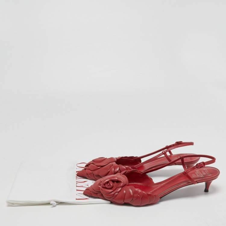 Pre Owned Valentino Red Leather Leather Floral Print Atelier Slingback Pumps Size 39