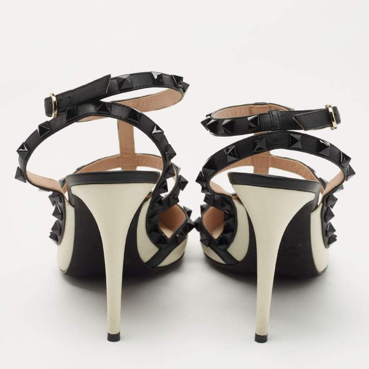 Pre Owned Valentino White/Black Leather Rockstud Ankle Strap Pumps Size 39.5