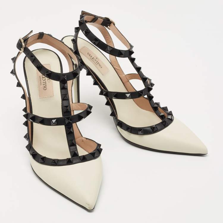 Pre Owned Valentino White/Black Leather Rockstud Ankle Strap Pumps Size 39.5