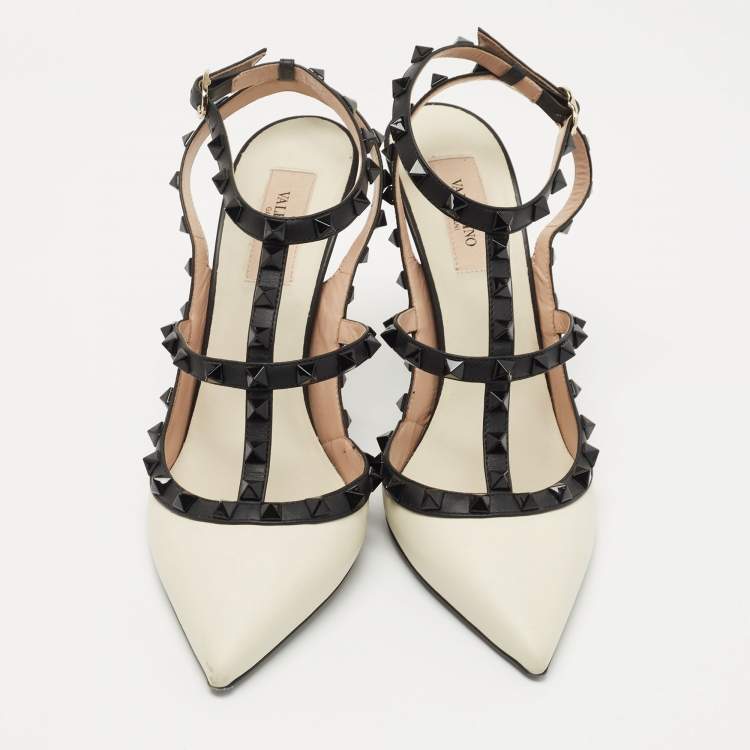 Pre Owned Valentino White/Black Leather Rockstud Ankle Strap Pumps Size 39.5