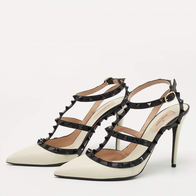 Pre Owned Valentino White/Black Leather Rockstud Ankle Strap Pumps Size 39.5