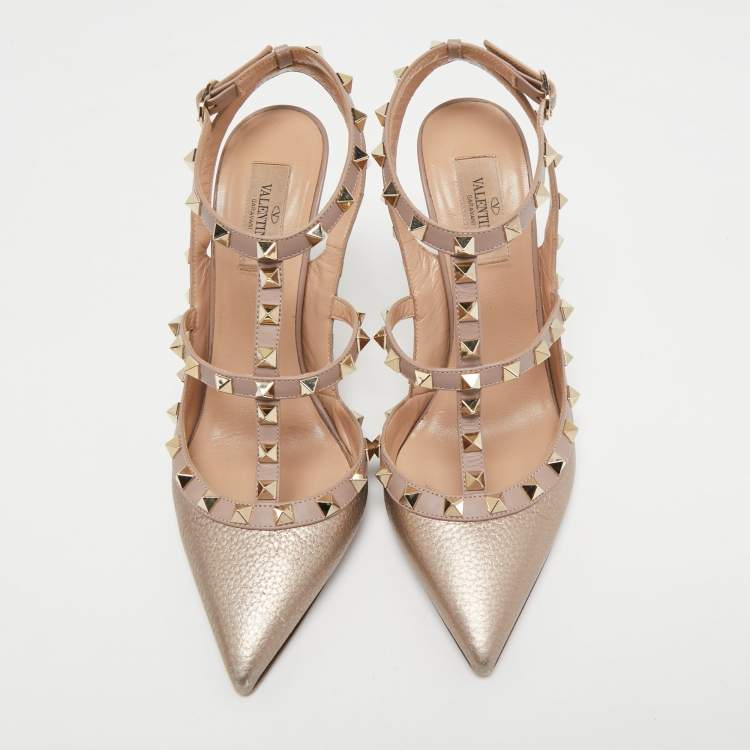 Pre Owned Valentino Metallic Pink Leather Rockstud Ankle Strap Pumps Size 39
