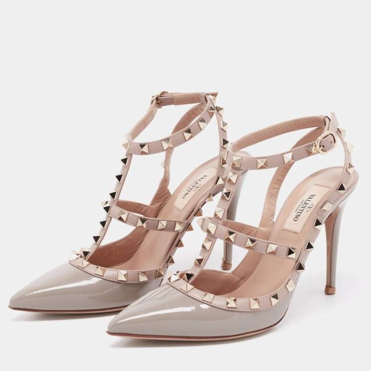 Pre Owned Valentino Grey Patent Leather Rockstud Sandals Size 38.5