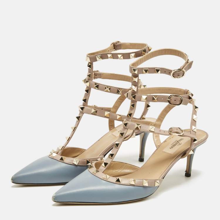 Pre Owned Valentino Blue/Beige Leather Rockstud Ankle Strap Pumps Size 39.5