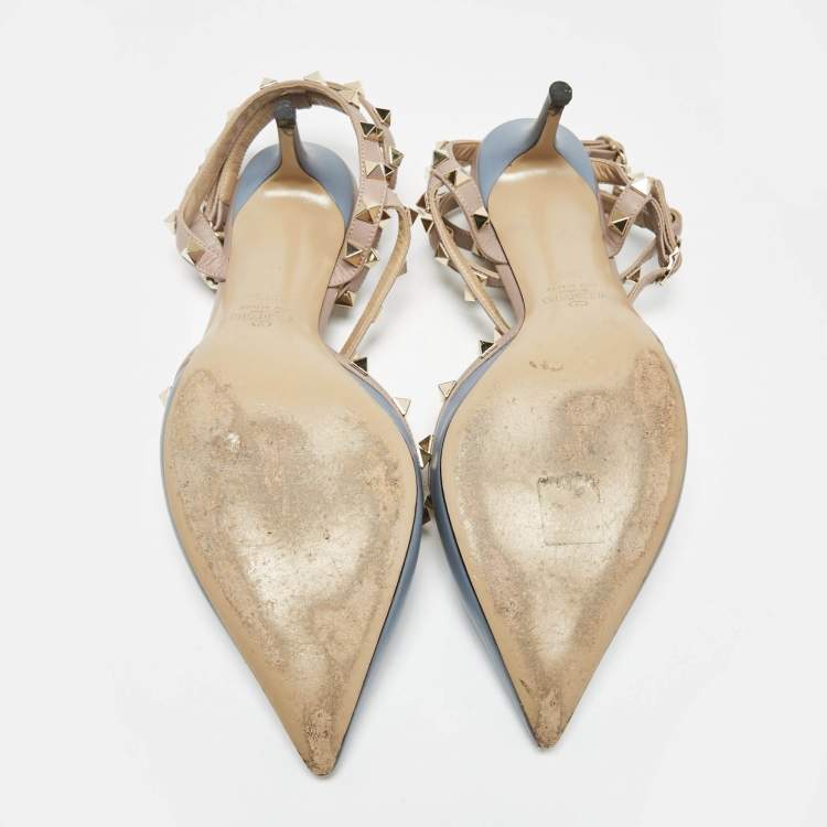 Pre Owned Valentino Blue/Beige Leather Rockstud Ankle Strap Pumps Size 39.5
