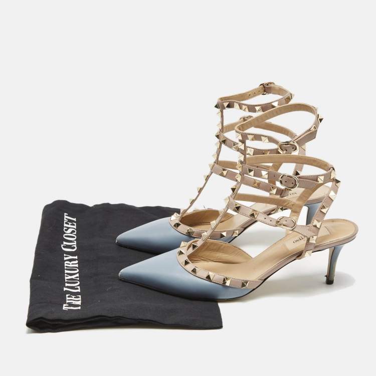 Pre Owned Valentino Blue/Beige Leather Rockstud Ankle Strap Pumps Size 39.5