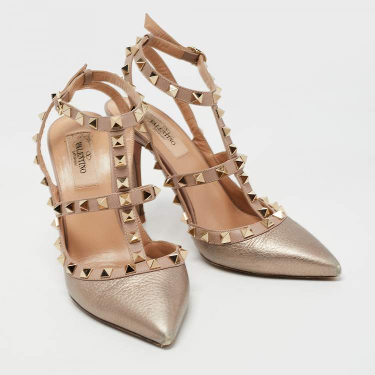 Pre Owned Valentino Metallic Pink Leather Rockstud Ankle Strap Pumps Size 37.5