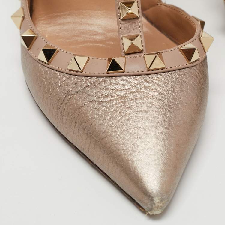 Pre Owned Valentino Metallic Pink Leather Rockstud Ankle Strap Pumps Size 37.5
