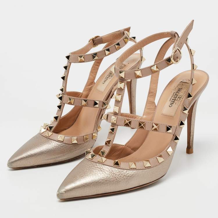 Pre Owned Valentino Metallic Pink Leather Rockstud Ankle Strap Pumps Size 37.5