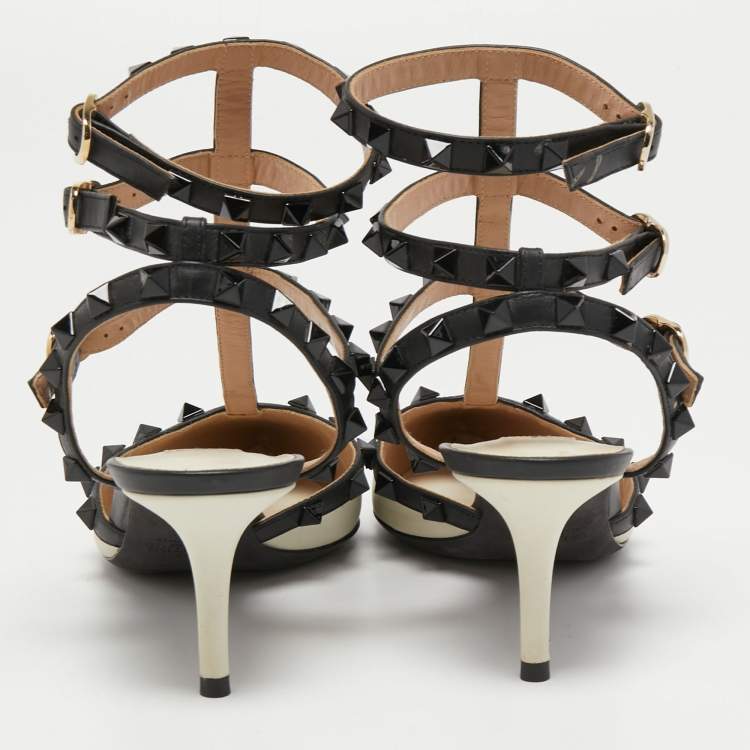 Pre Owned Valentino White/Black Leather Rockstud Ankle Strap Pumps Size 36.5