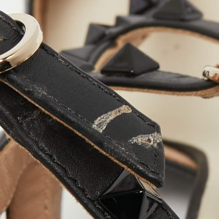 Pre Owned Valentino White/Black Leather Rockstud Ankle Strap Pumps Size 36.5