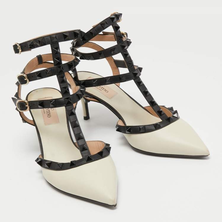 Pre Owned Valentino White/Black Leather Rockstud Ankle Strap Pumps Size 36.5