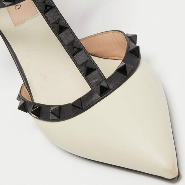 Pre Owned Valentino White/Black Leather Rockstud Ankle Strap Pumps Size 36.5
