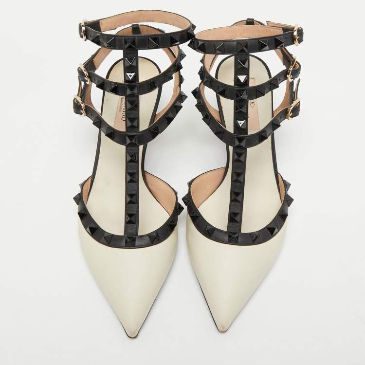 Pre Owned Valentino White/Black Leather Rockstud Ankle Strap Pumps Size 36.5