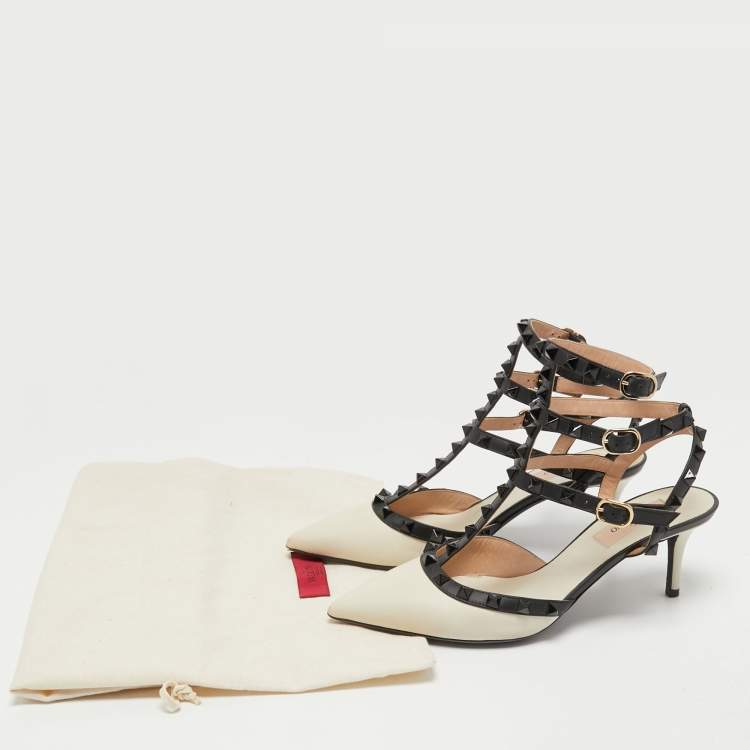 Pre Owned Valentino White/Black Leather Rockstud Ankle Strap Pumps Size 36.5