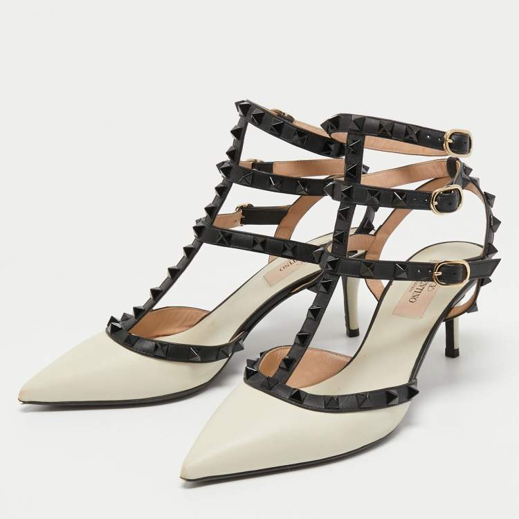 Pre Owned Valentino White/Black Leather Rockstud Ankle Strap Pumps Size 36.5
