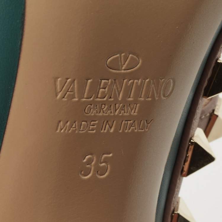 Pre Owned Valentino Teal/Pink Leather Rockstud Ankle Strap Pumps Size 35