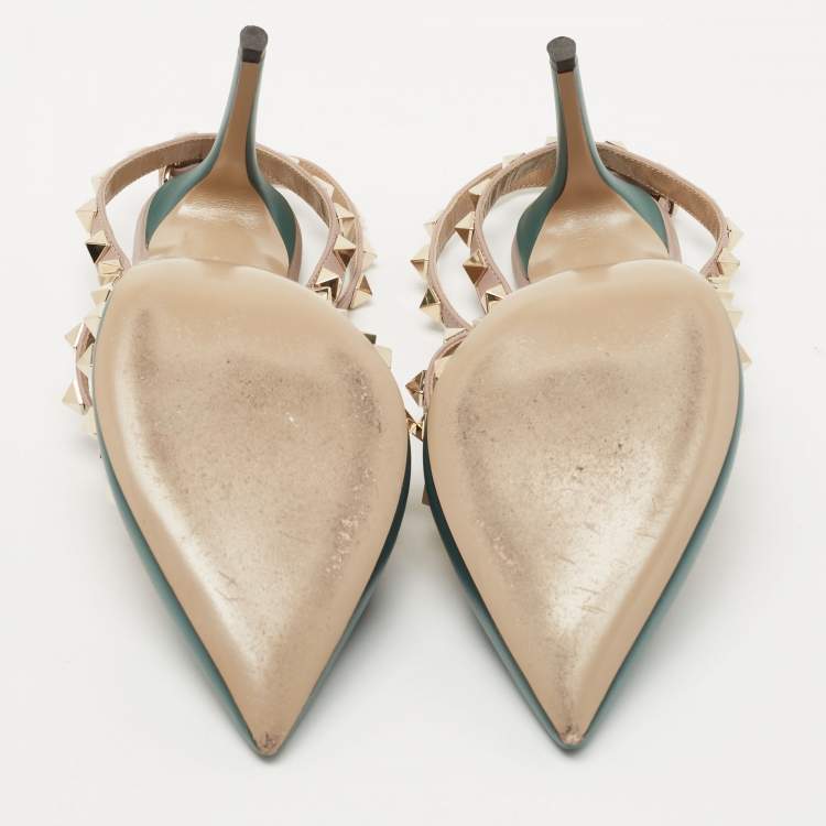 Pre Owned Valentino Teal/Pink Leather Rockstud Ankle Strap Pumps Size 35