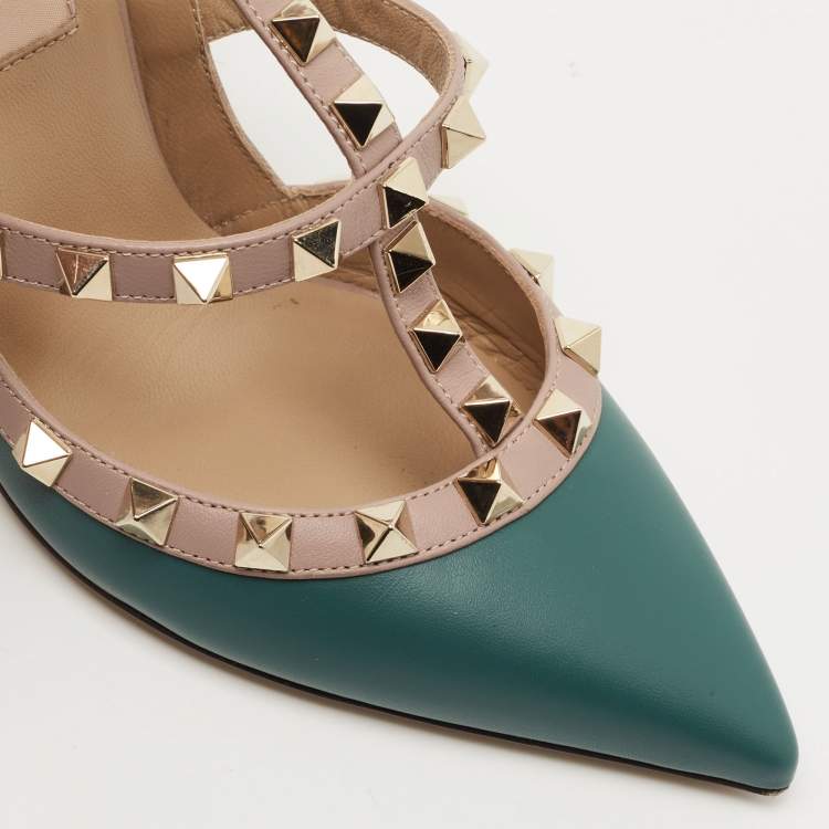 Pre Owned Valentino Teal/Pink Leather Rockstud Ankle Strap Pumps Size 35
