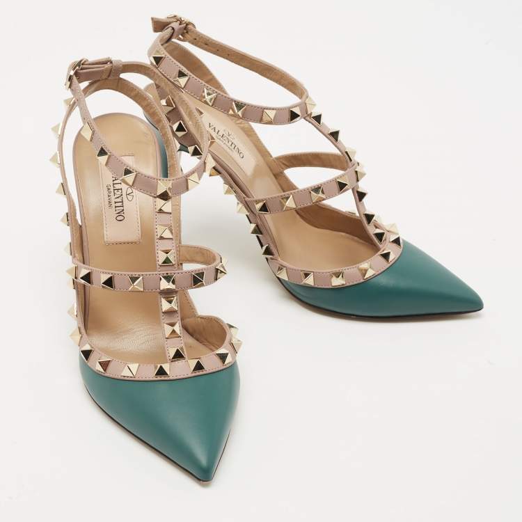 Pre Owned Valentino Teal/Pink Leather Rockstud Ankle Strap Pumps Size 35