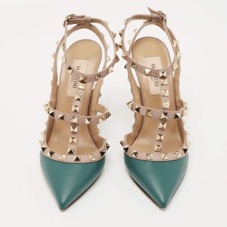 Pre Owned Valentino Teal/Pink Leather Rockstud Ankle Strap Pumps Size 35
