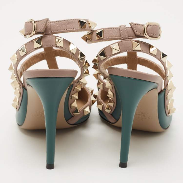 Pre Owned Valentino Teal/Pink Leather Rockstud Ankle Strap Pumps Size 35