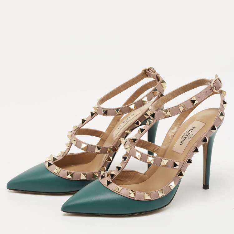 Pre Owned Valentino Teal/Pink Leather Rockstud Ankle Strap Pumps Size 35