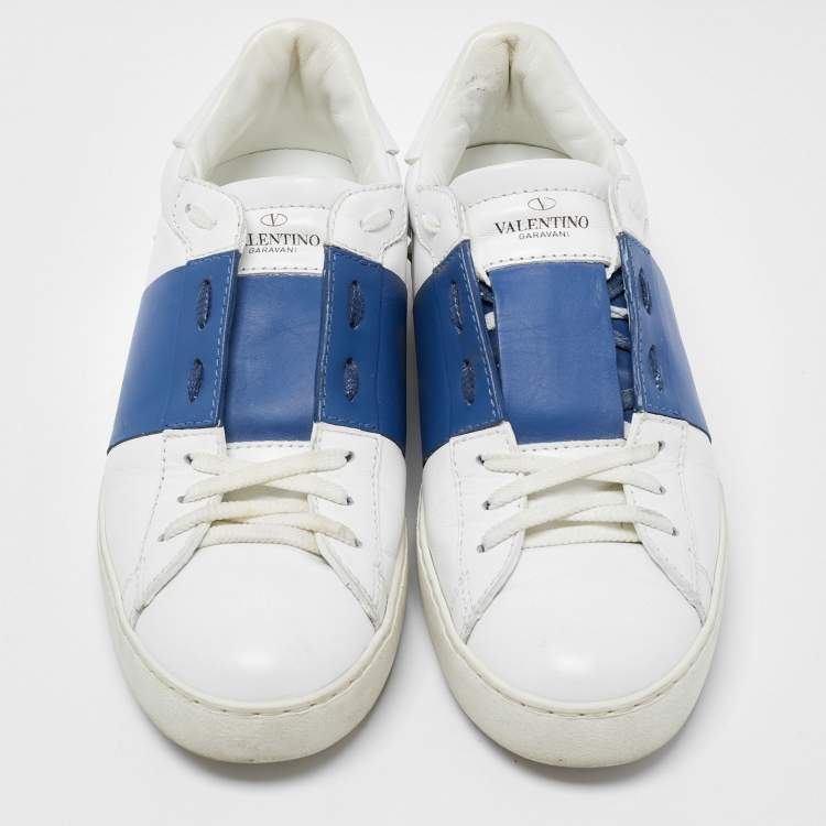 Pre Owned Valentino White/Blue Leather Open Low Top Sneakers Size 40