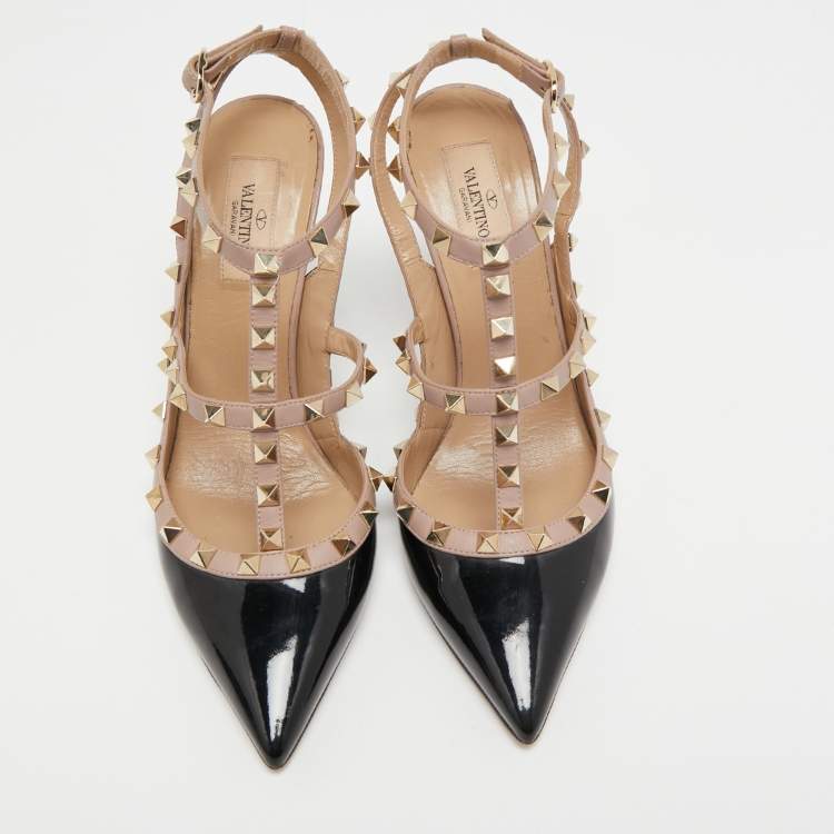 Pre Owned Valentino Black Patent Leather Rockstud Ankle Strap Pumps Size 40.5