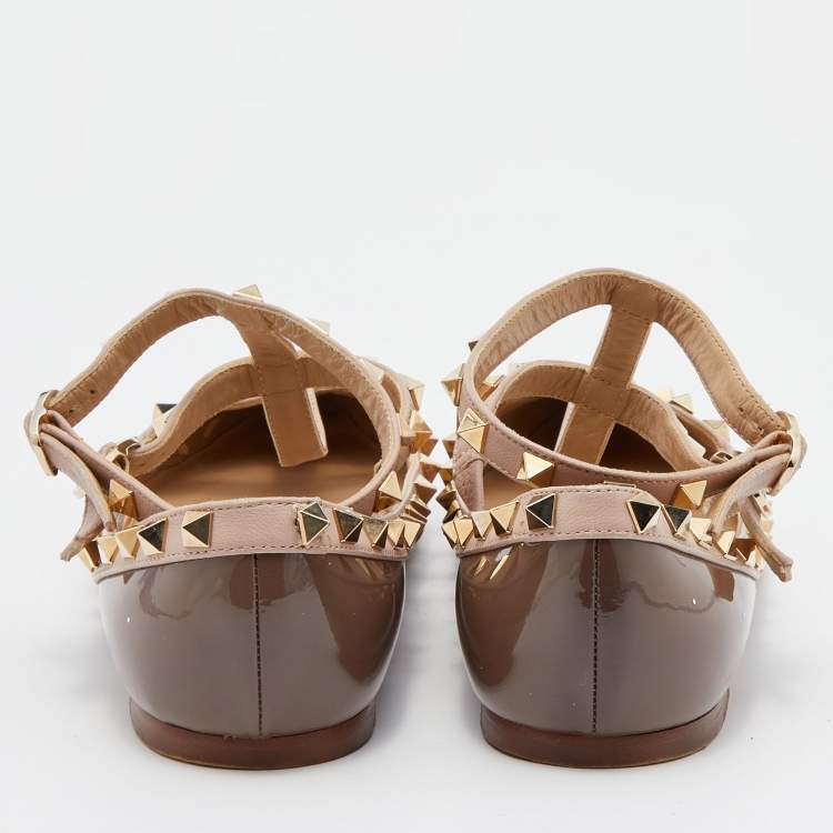 Pre Owned Valentino Brown/Beige Patent Leather Rockstud Caged Ballet Flats Size 38